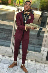 New Arrival Burgundy Party Prom Suit, Two Pieces for Men with Black Lapel