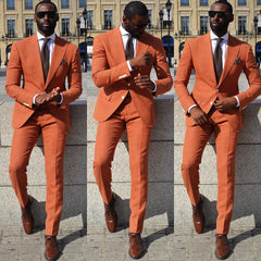 New Arrival Casual Orange Wedding Suit with Peaked Lapel for Groom and Groomsmen