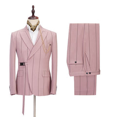 New Arrival Pink Slim Fit Groom Suit with Striped Peaked Lapel