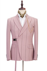 New Arrival Pink Slim Fit Groom Suit with Striped Peaked Lapel
