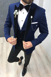 New Black and Blue Peak Lapel Blazer for Men's Wedding