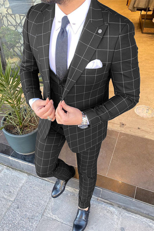 New Black Three-Piece Suit with Peaked Lapel and Plaid for Men