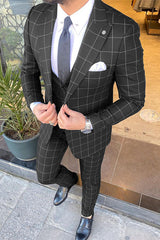 New Black Three-Piece Suit with Peaked Lapel and Plaid for Men