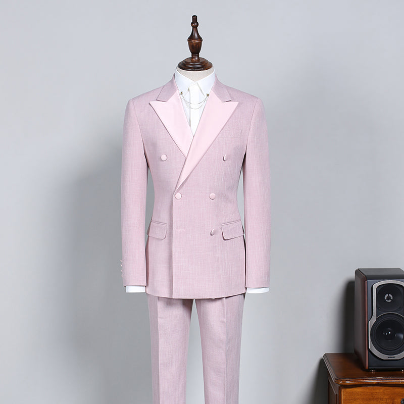 New Double-Breasted Pink Reception Suit with Peaked Lapel for Men