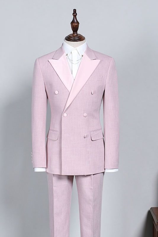 New Double-Breasted Pink Reception Suit with Peaked Lapel for Men