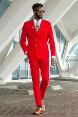 New Red Double-Breasted Marriage Suit with Peaked Lapel