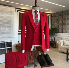 New Red Three-Piece Suit with Peaked Lapel for Men's Wedding