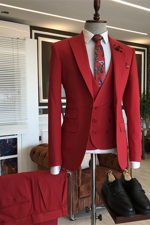 New Red Three-Piece Suit with Peaked Lapel for Men's Wedding