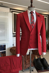 New Red Three-Piece Suit with Peaked Lapel for Men's Wedding