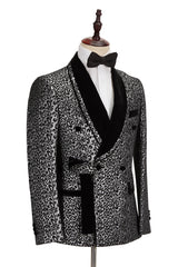 New Silver Leopard Double-Breasted Prom Suit with Jacquard Shawl Lapel for Men