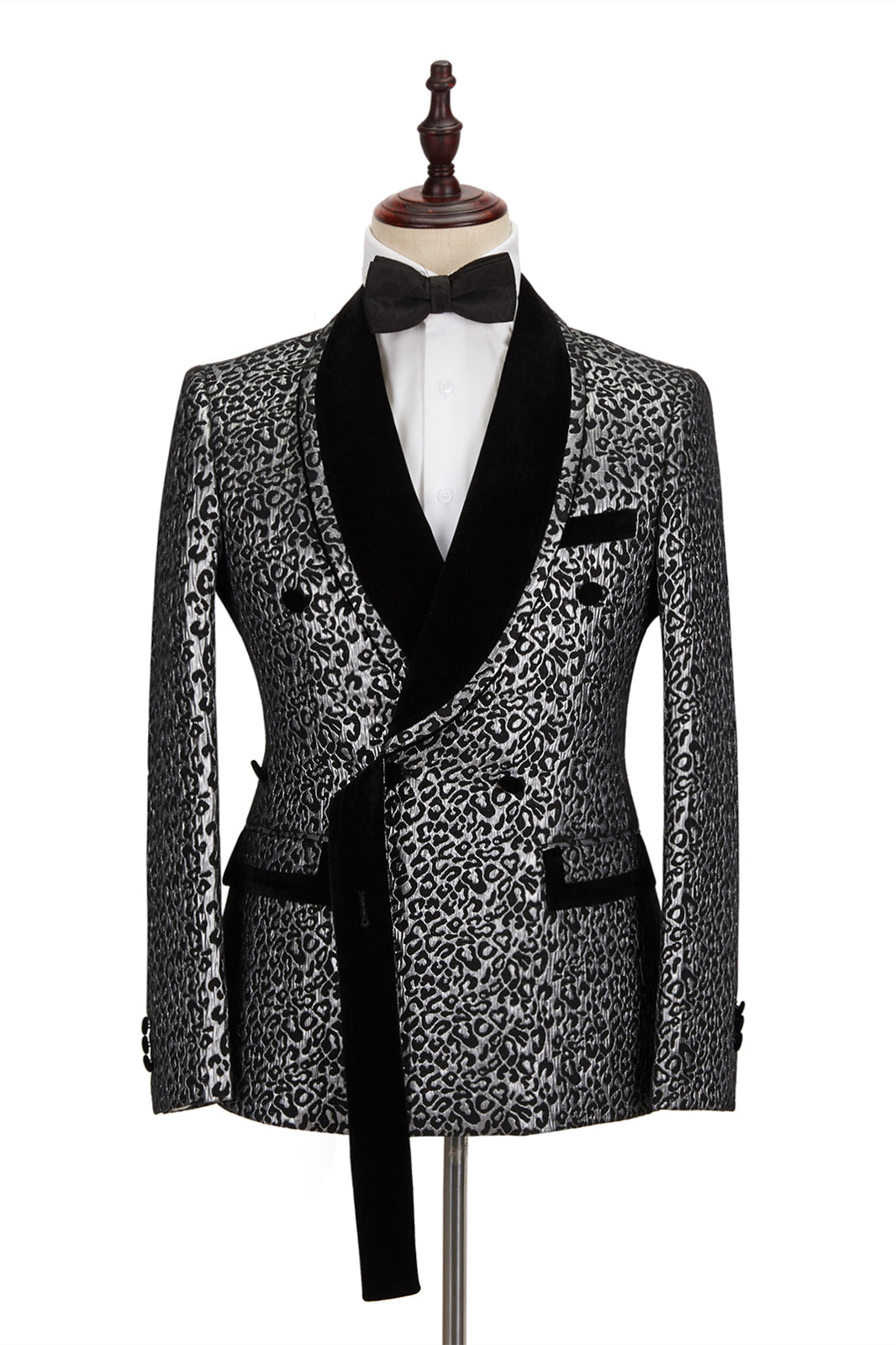 New Silver Leopard Double-Breasted Prom Suit with Jacquard Shawl Lapel for Men