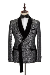 New Silver Leopard Double-Breasted Prom Suit with Jacquard Shawl Lapel for Men