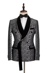 New Silver Leopard Double-Breasted Prom Suit with Jacquard Shawl Lapel for Men