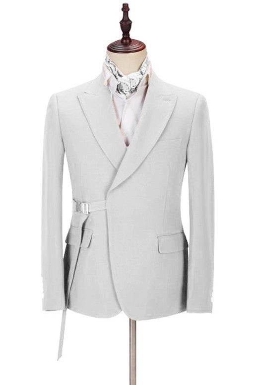 New Silver Reception Suit for Prom with Adjustable Buckle and Peaked Lapel