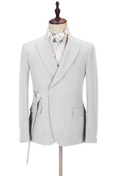New Silver Reception Suit for Prom with Adjustable Buckle and Peaked Lapel