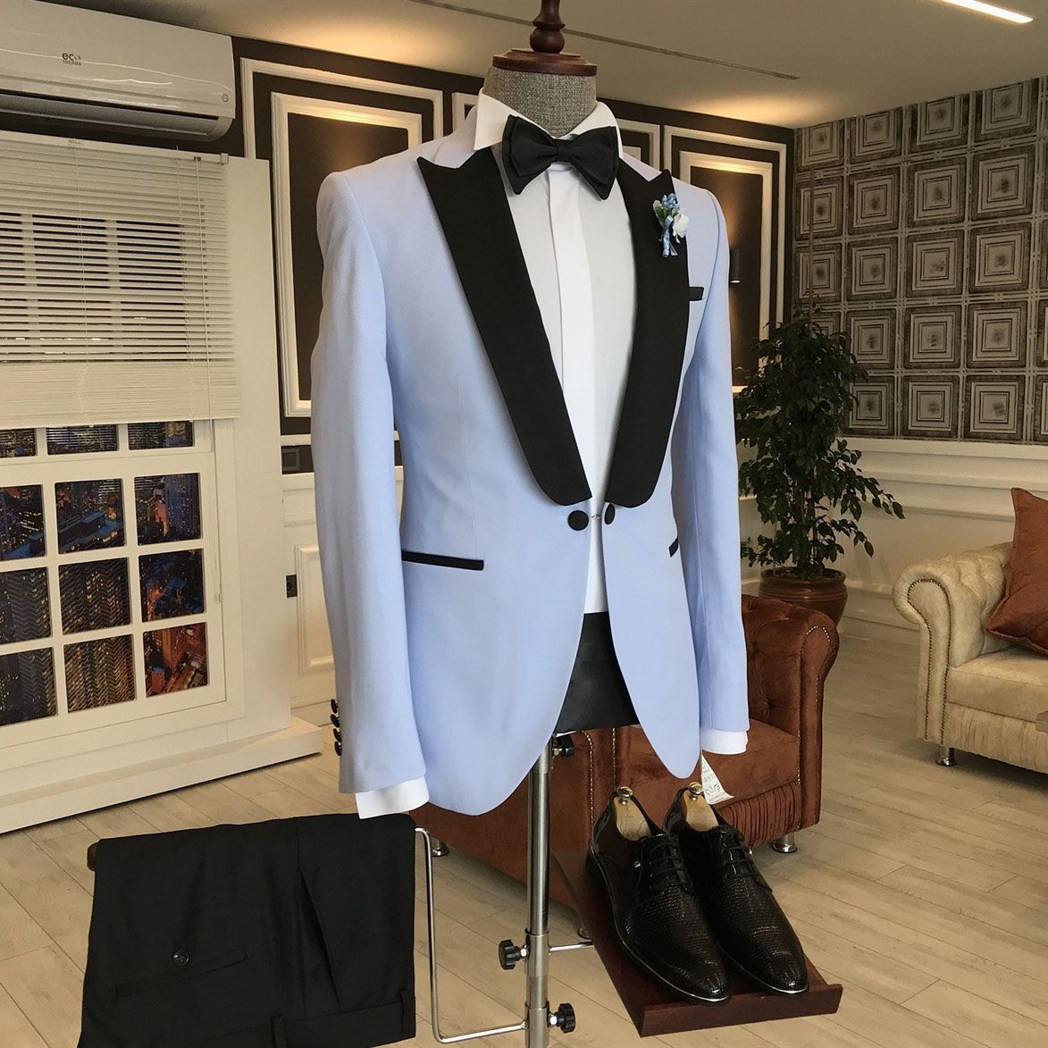 New Sky Blue Western Wedding Suit with Black Peaked Lapel