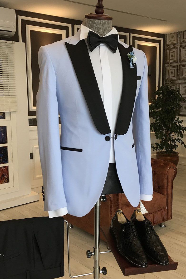 New Sky Blue Western Wedding Suit with Black Peaked Lapel