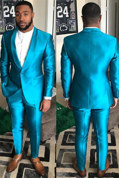 New Sparkly Blue One-Button Reception Suit for Groom with Shawl Lapel