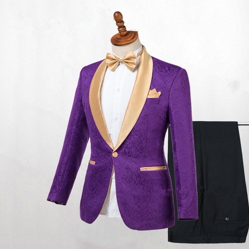 Newest Gold Lapel Groomsmen Tuxedo in Purple with One Button