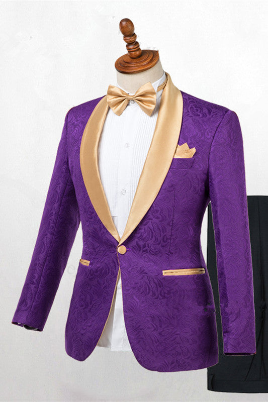 Newest Gold Lapel Groomsmen Tuxedo in Purple with One Button