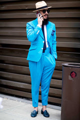 Ocean Blue Designer Wedding Suit with Peaked Lapel for Men