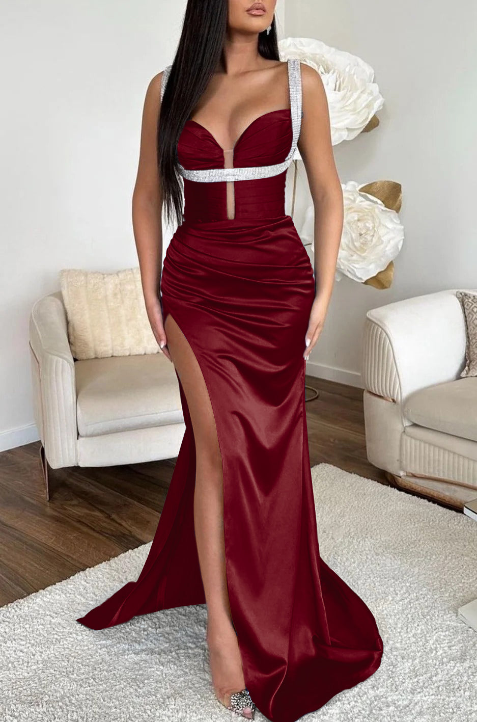 Ocean Blue Spaghetti Strap Mermaid Prom Dress with High Split