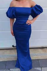 Ocean Blue Off the Shoulder Mermaid Prom Dress with Bubble Sleeves and Pleated