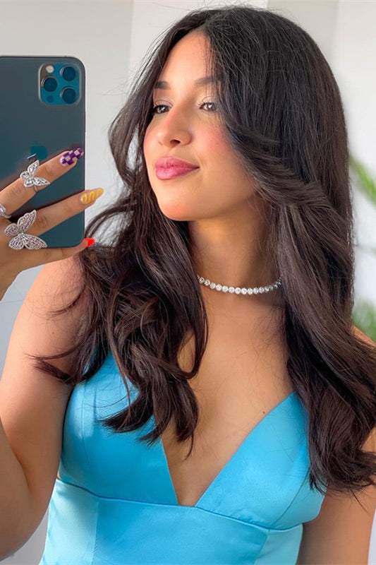 Ocean Blue Spaghetti-Straps Prom Dress