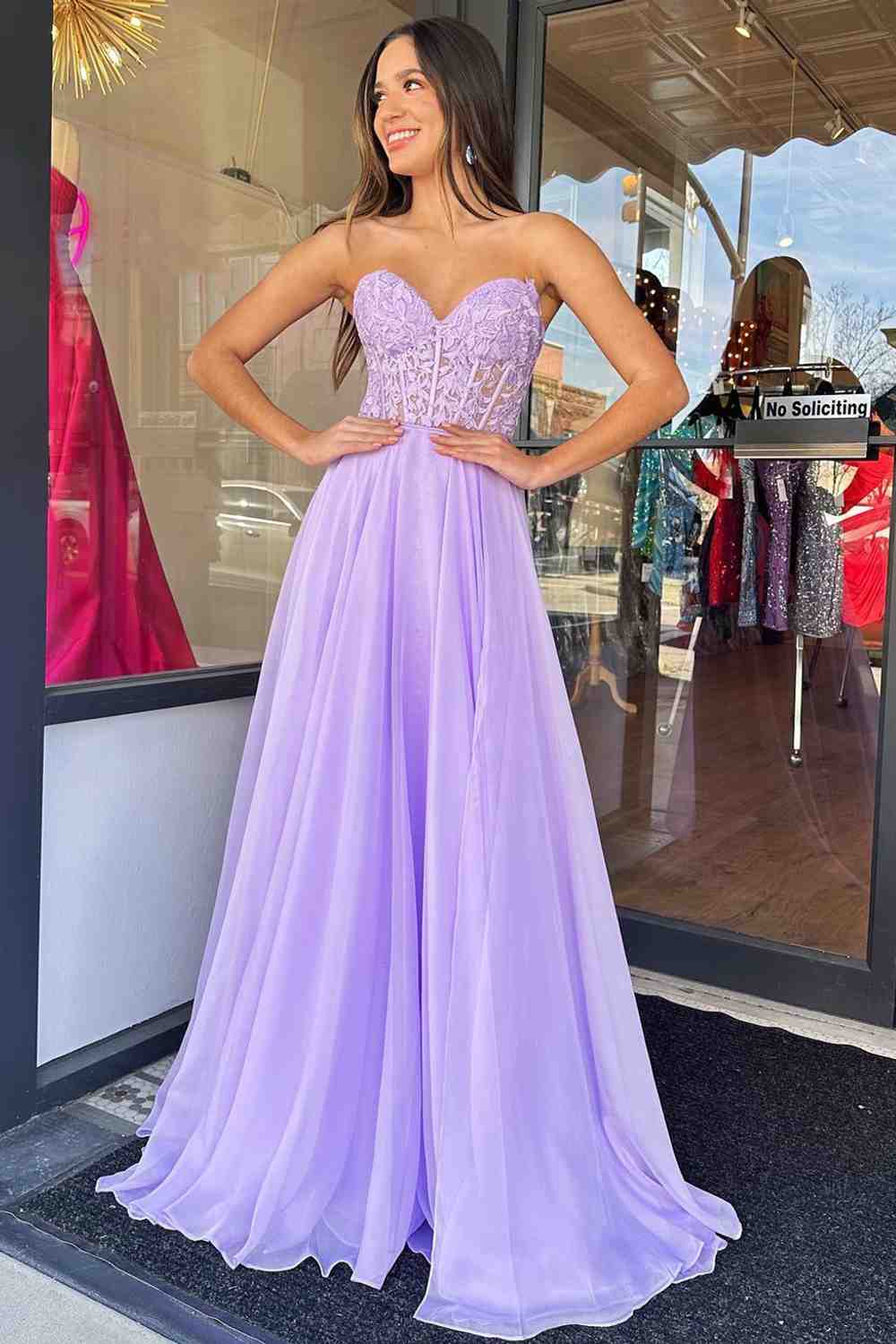 Off-Shoulder A-line Chiffon Applique Lace-Up Long Prom Dress