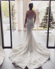 Off-the-Shoulder Backless Floor-Length Mermaid Wedding Dress with Lace Appliques