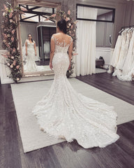 Off-the-Shoulder Backless Floor-Length Mermaid Wedding Dress with Lace Appliques