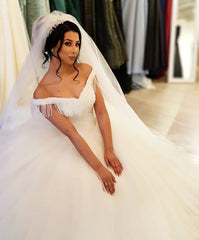 Off-the-shoulder Backless Wedding Dress With Beading Details Tassel Tulle