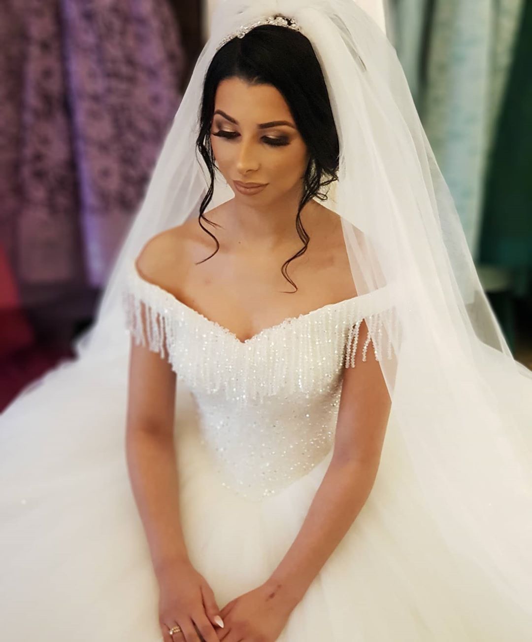 Off-the-shoulder Backless Wedding Dress With Beading Details Tassel Tulle