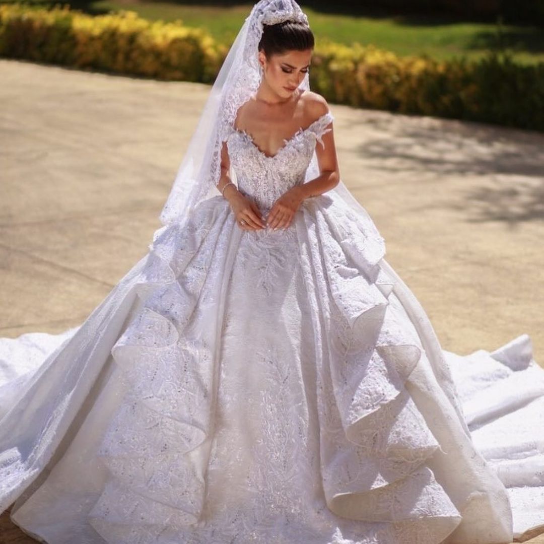 Off The Shoulder Ball Gown Wedding Dress With Pleated Tulle Ruffles