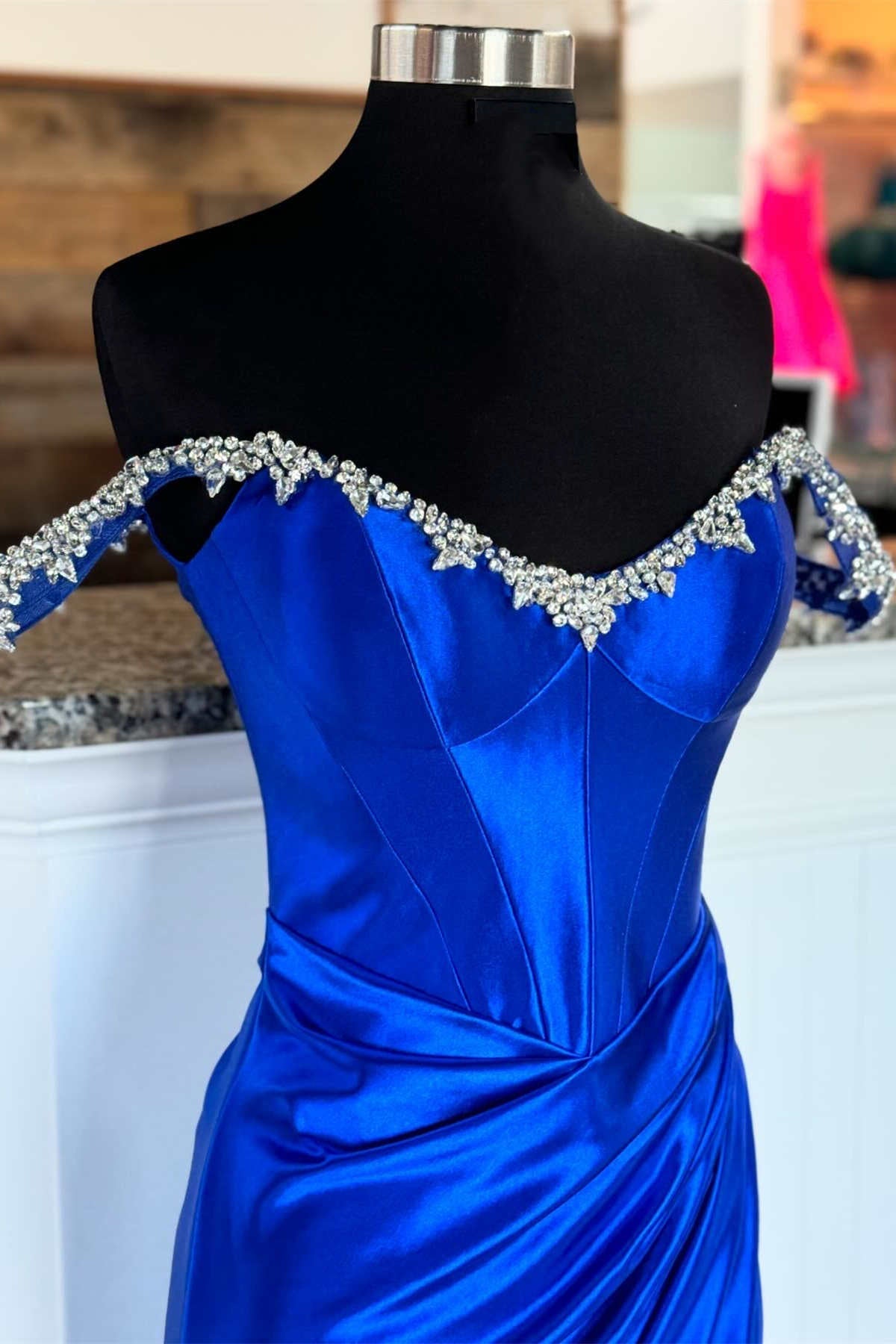 Off the Shoulder Beaded Blue Mermaid Prom Dress with Slit