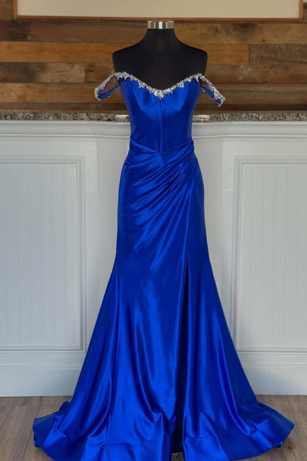Off the Shoulder Beaded Blue Mermaid Prom Dress with Slit