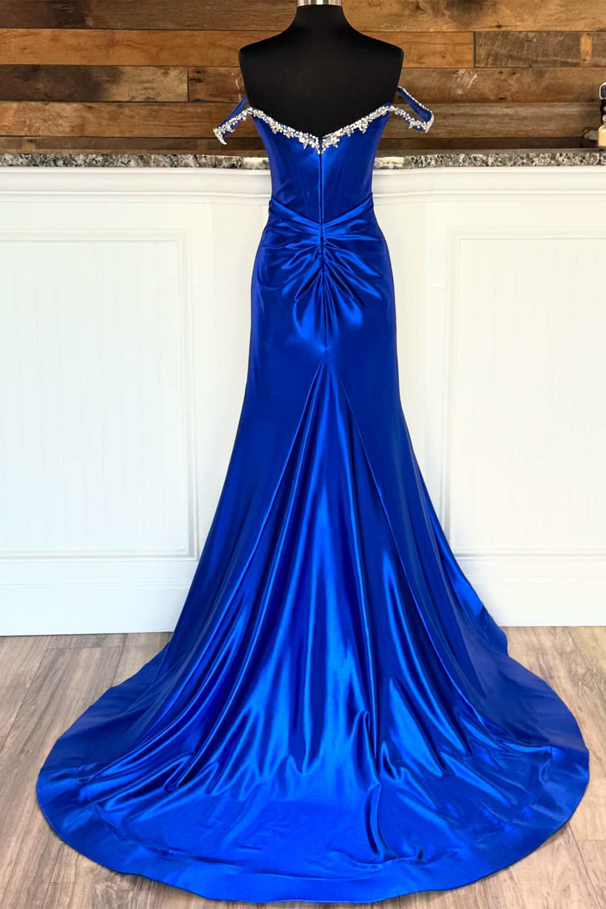 Off the Shoulder Beaded Blue Mermaid Prom Dress with Slit