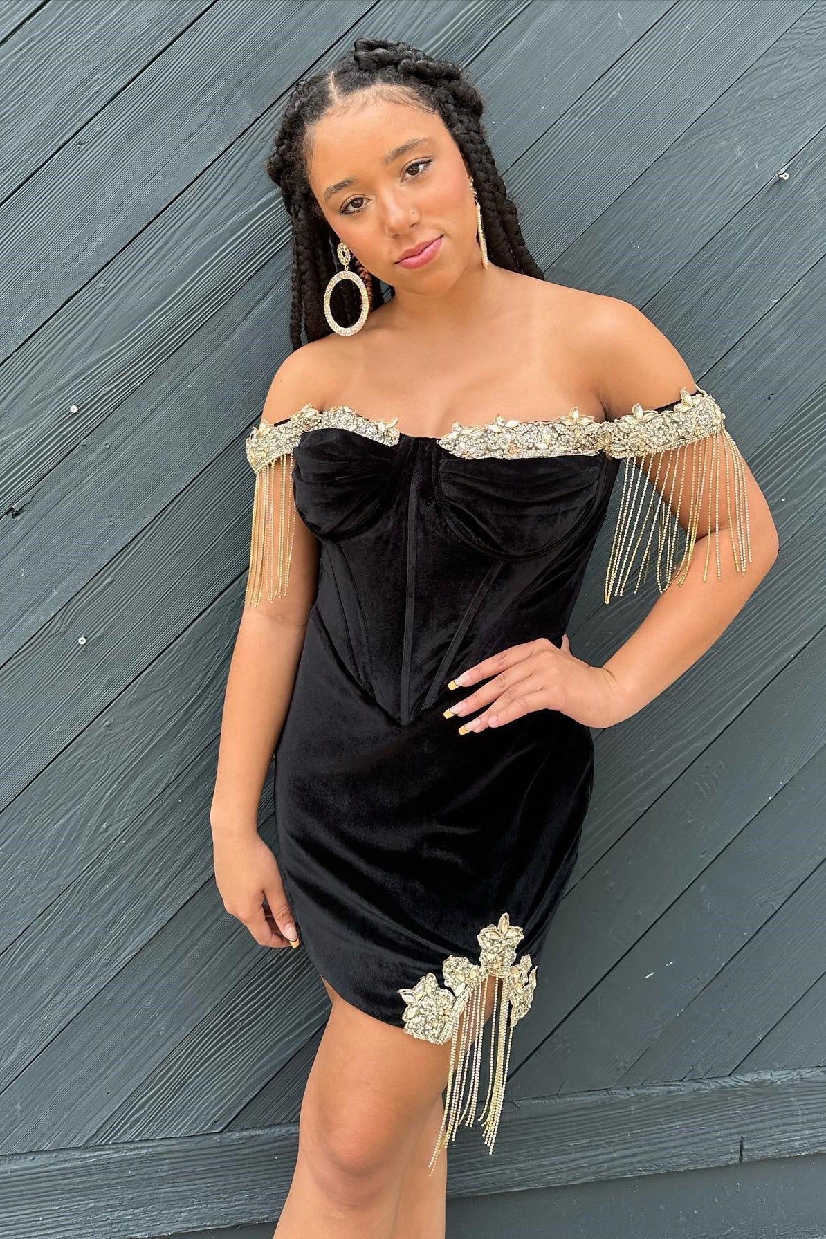 Off the Shoulder Black Corset Beaded Velvet Short Homecoming Dress