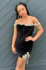 Off the Shoulder Black Corset Beaded Velvet Short Homecoming Dress