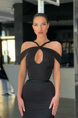 Off-the-Shoulder Black Halter Mermaid Evening Dress