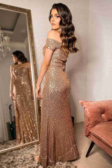 Off the Shoulder Brown Sequins Prom Dress