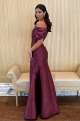 Off the Shoulder Bubble Sleeve Mermaid Long Pleated Prom Dress