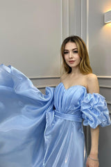 Off the Shoulder Bubble Sleeve Long Pleated Prom Dress