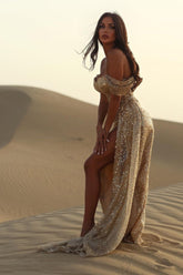 Off-the-Shoulder Champagne Sequined Evening Gown