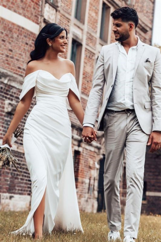Off-the-Shoulder Charmeuse Wedding Dress with Split