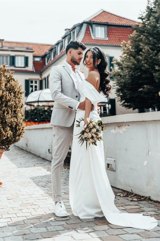 Off-the-Shoulder Charmeuse Wedding Dress with Split