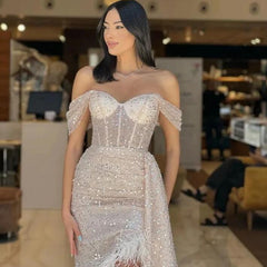 Charming Champagne Off the Shoulder Prom Dress with Sequins and Feather