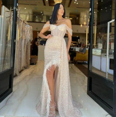 Charming Champagne Off the Shoulder Prom Dress with Sequins and Feather