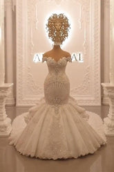 Off-the-Shoulder Floor-Length Backless Mermaid Wedding Dress with Crystal
