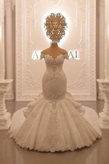 Off-the-Shoulder Floor-Length Backless Mermaid Wedding Dress with Crystal